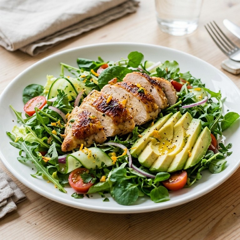 Groene salade met avocado en geroosterde kip recept