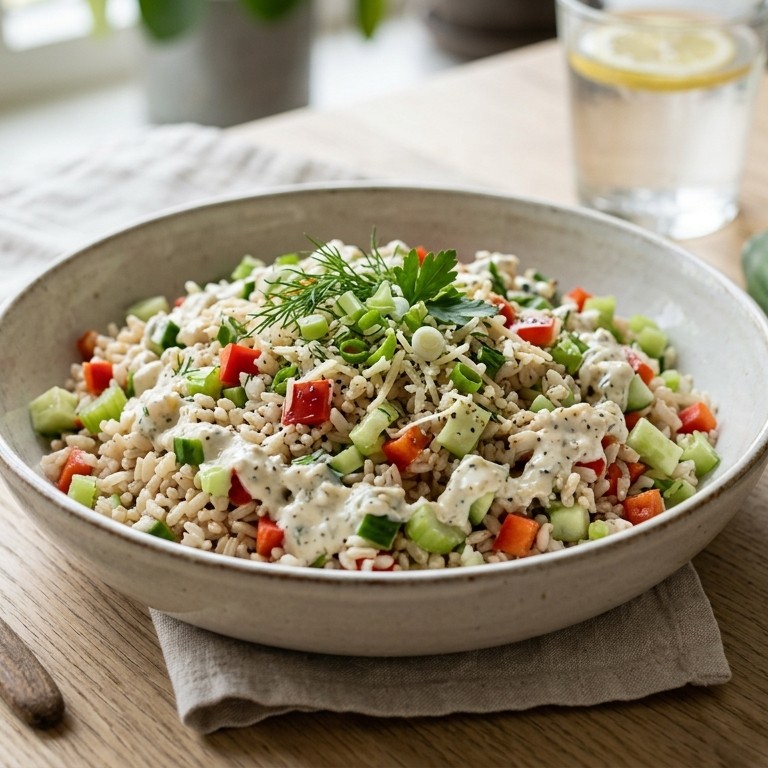 Groente-rijstsalade met kaas-yoghurtdressing recept