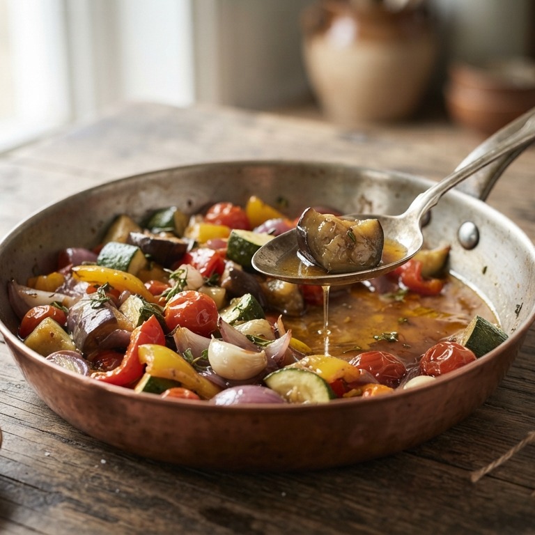Groentemix van aubergine, courgette, rode paprika en groene olijven recept