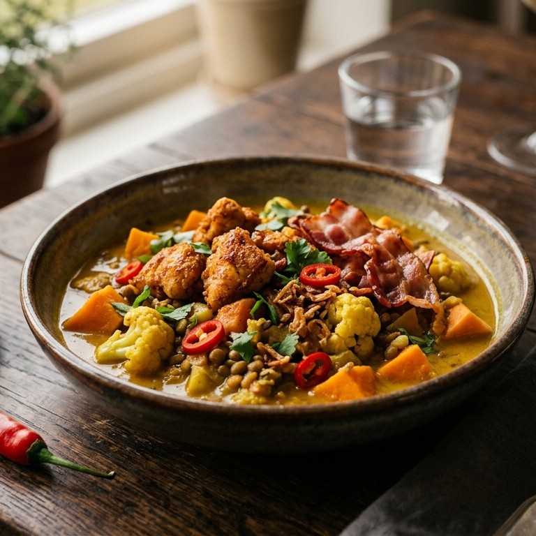 Groentencurry  met zoete aardappel en pittige kipstukjes recept