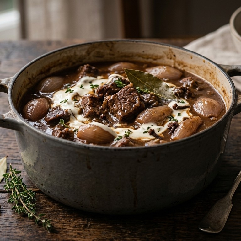 Hachee van runderlappen met sjalotjes, kruidnagel en creme fraiche recept