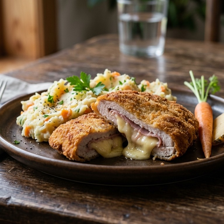 Ham-kaasschnitzel met aardappel-groentepuree recept