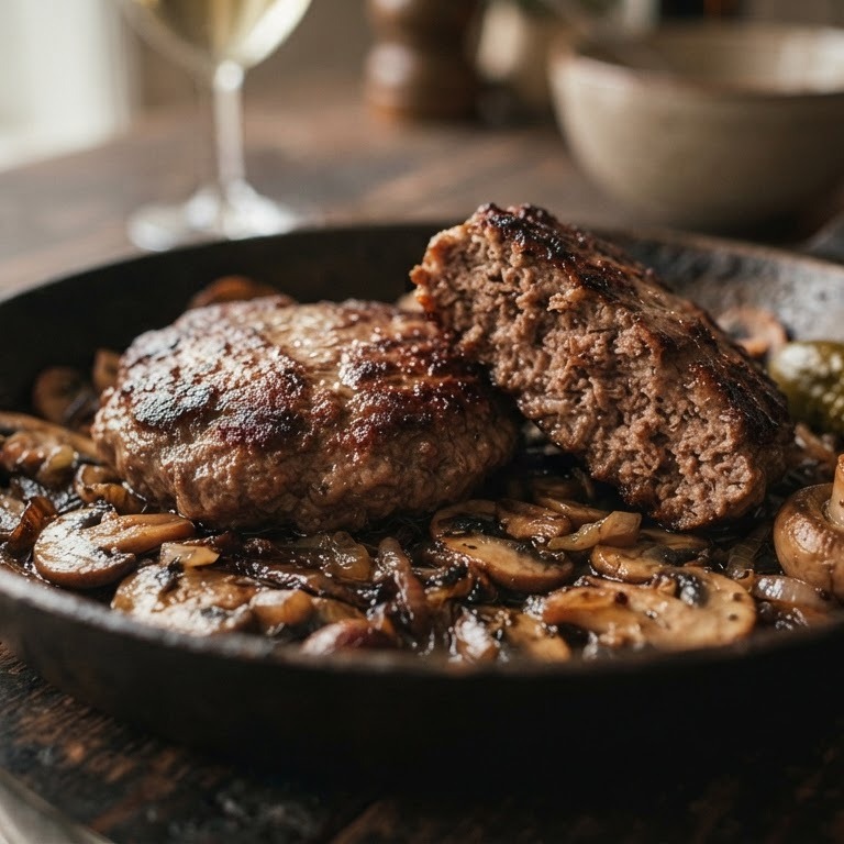 Hamburgers op een bedje van champignons en uien recept