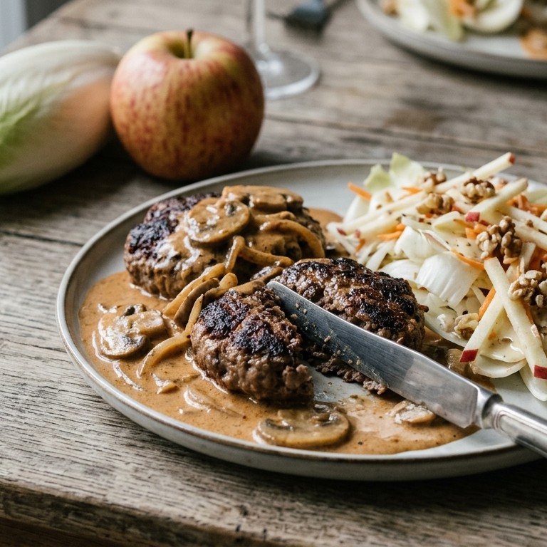 Hamburgers Stroganoff met witlofsalade recept