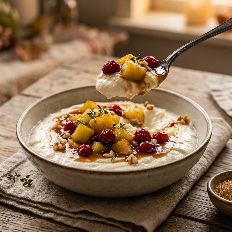 Hangop met gekarameliseerde appel en cranberry's recept
