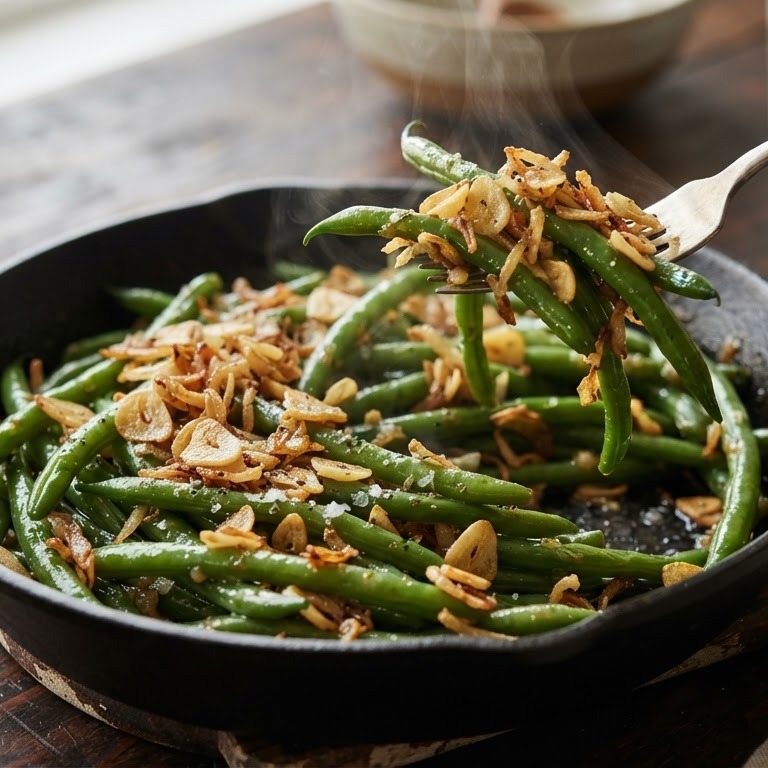 Haricots verts met gebakken sjalot en knoflook recept