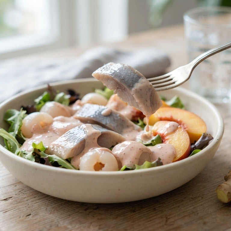 Haringfilet met lychees en perziken recept