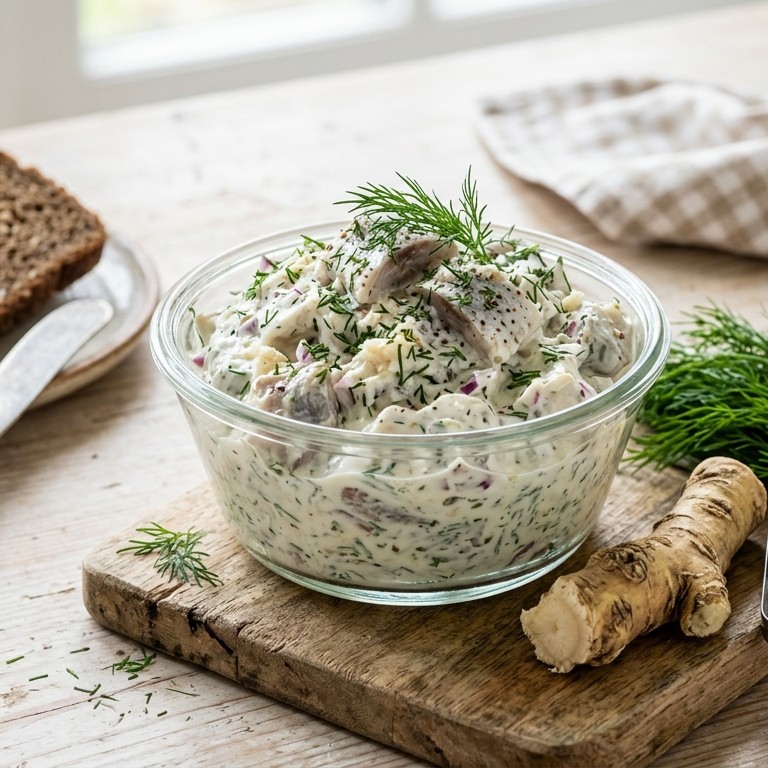 Haringsalade met dille roomsaus recept