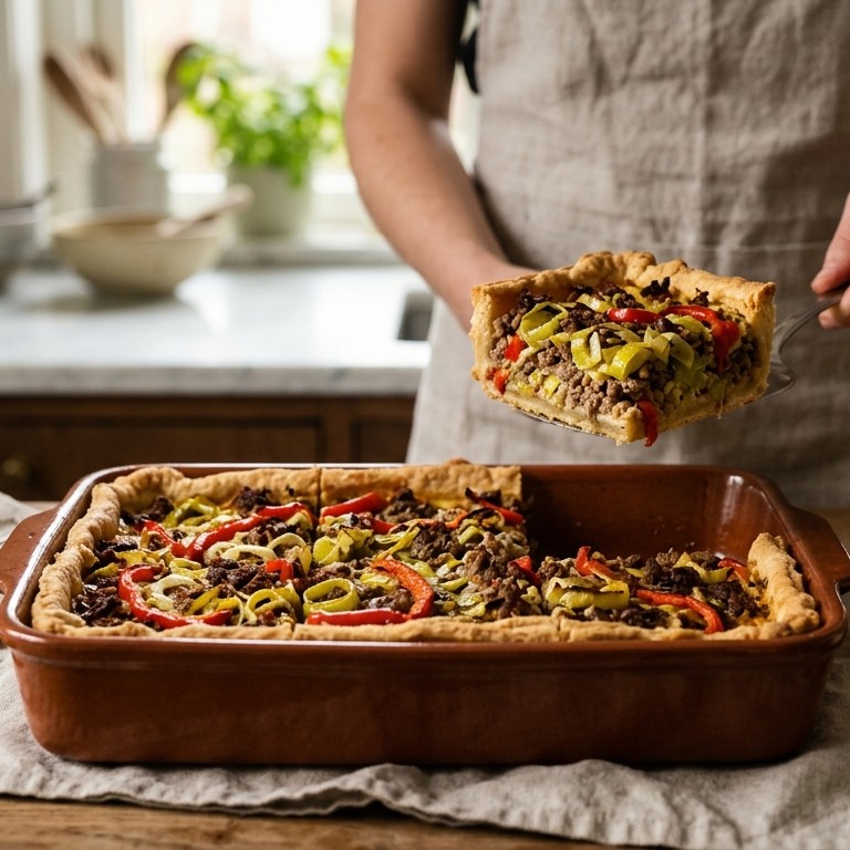 Hartige taart met gehakt, prei en paprika) recept
