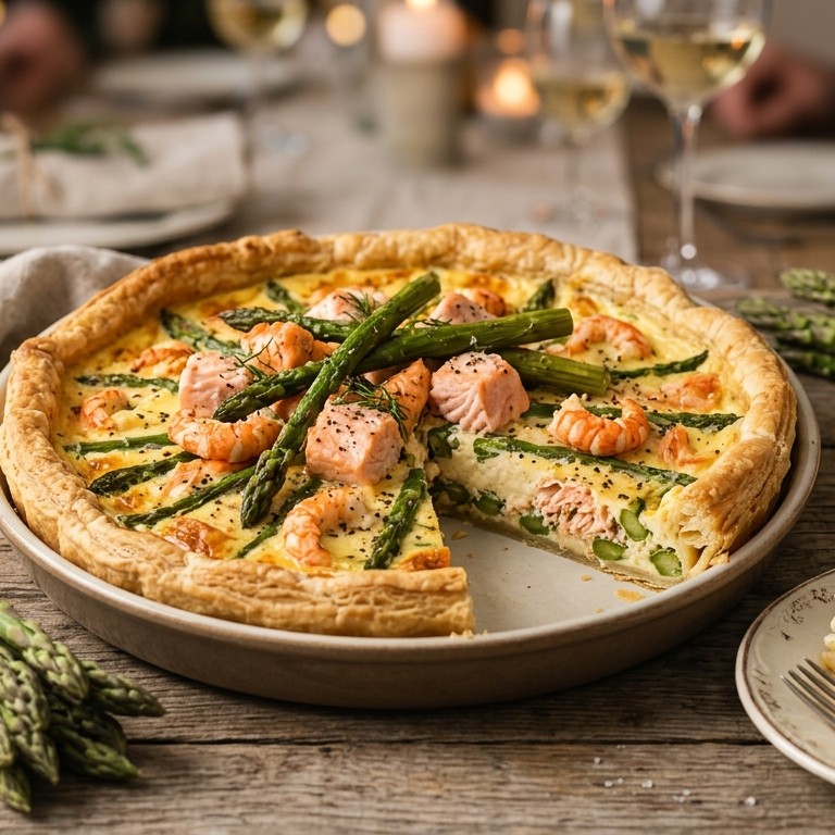 Hartige taart met groene asperges, zalm en langoustines recept