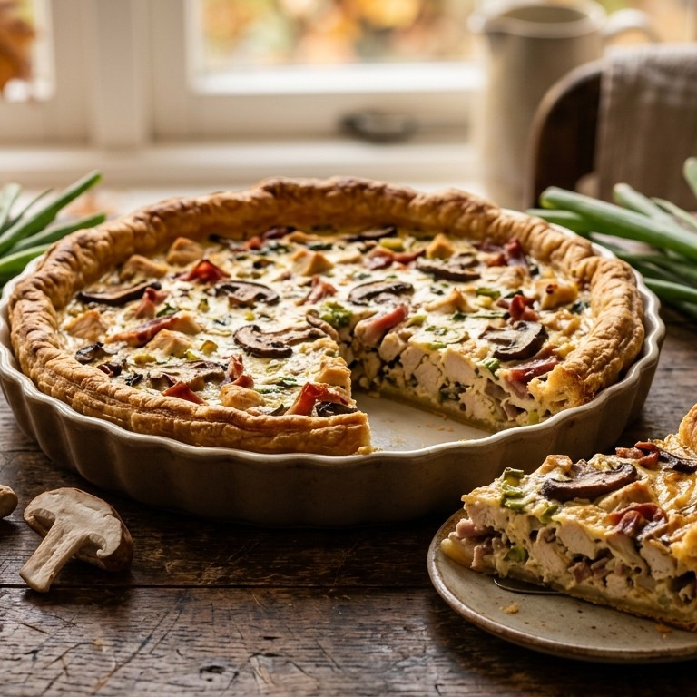 Hartige taart met kip en paddestoelen recept