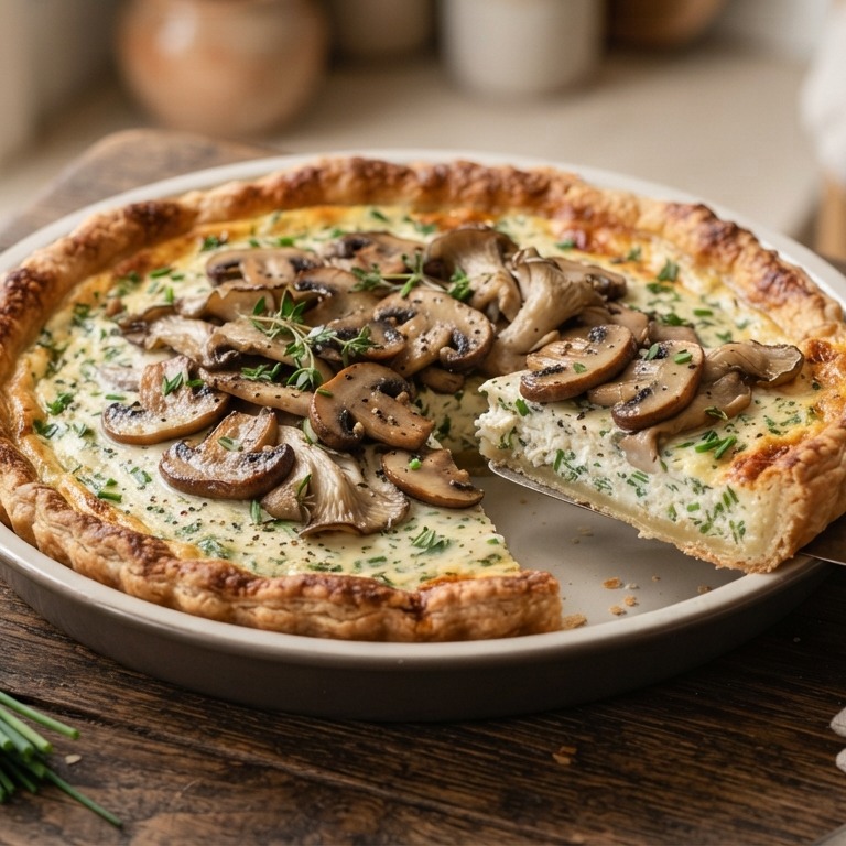 Hartige taart met paddestoelen, roomkaas en kruiden recept