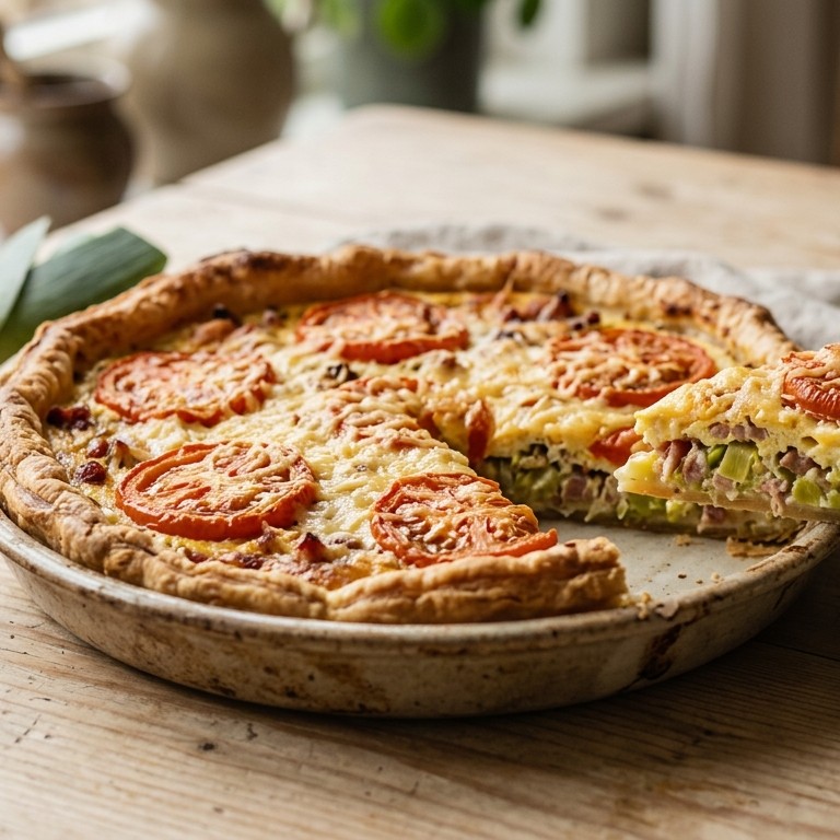 Hartige taart met tomaat, prei en bacon recept