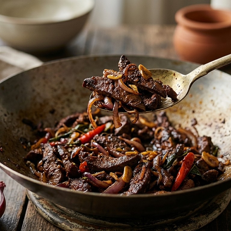 Hati goreng kering (gemarineerde, droog gebakken lever) recept