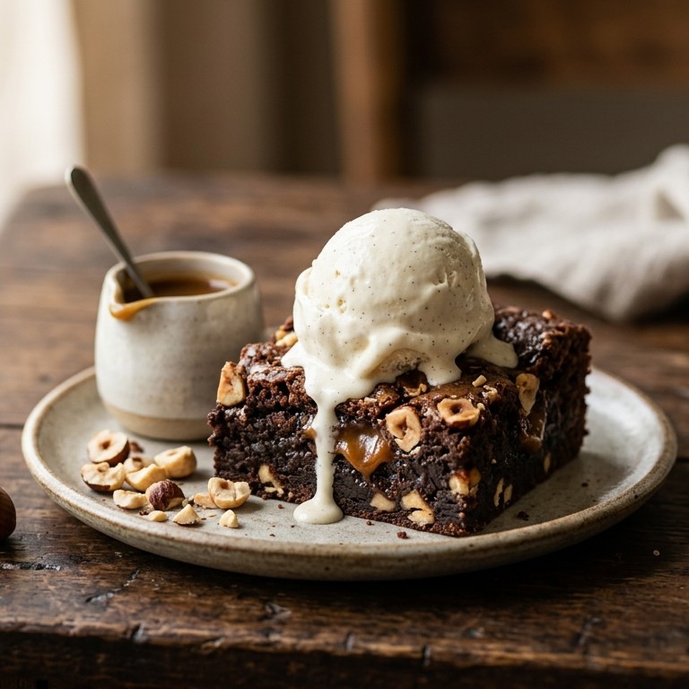 Hazelnoot-caramel brownies met vanille ijs recept