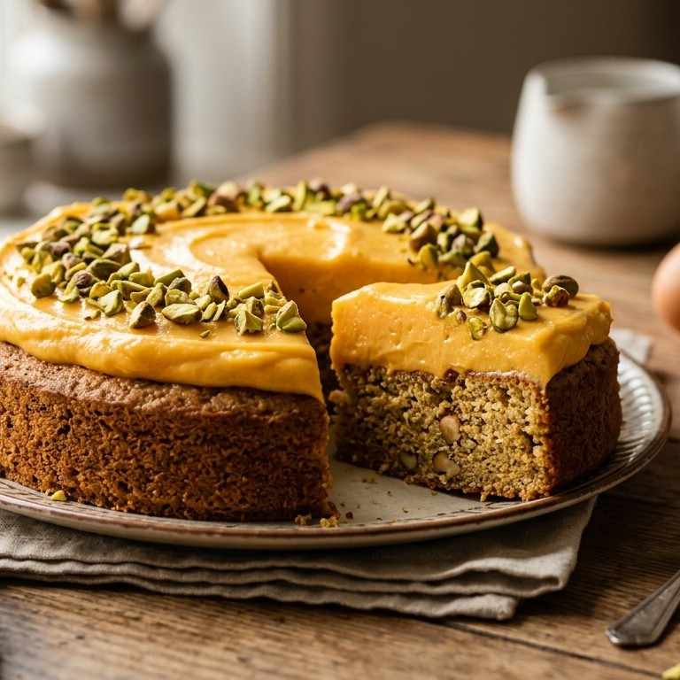 Hazelnoottaart met mangoroom en gehakte pistachenoten recept