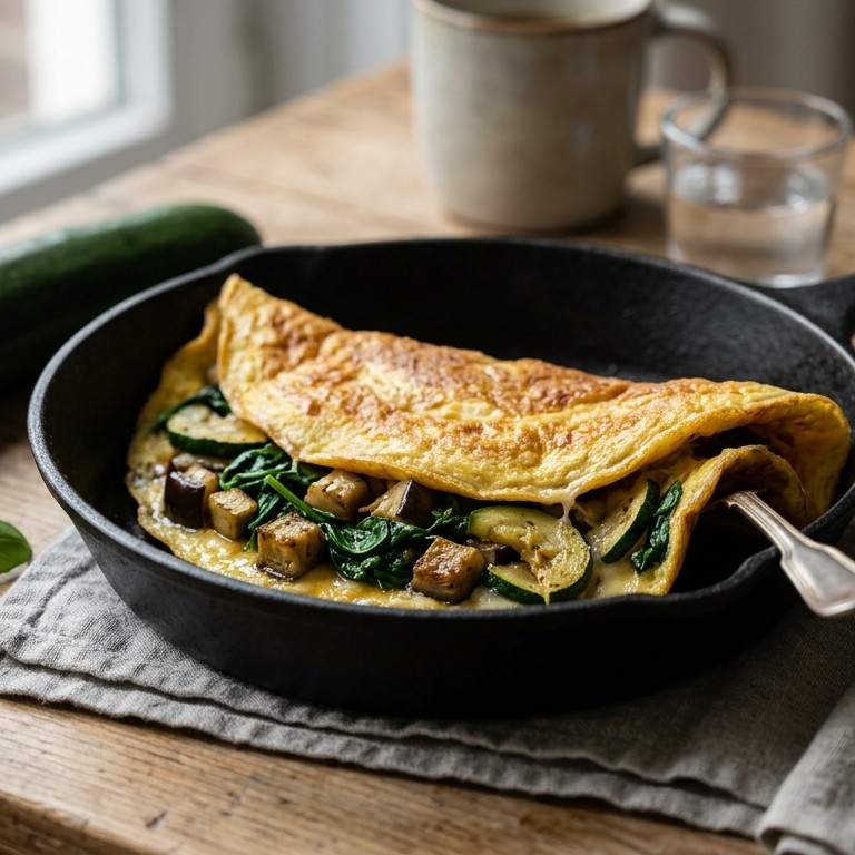 Heerlijk omeletje met courgette, aubergine en spinazie recept