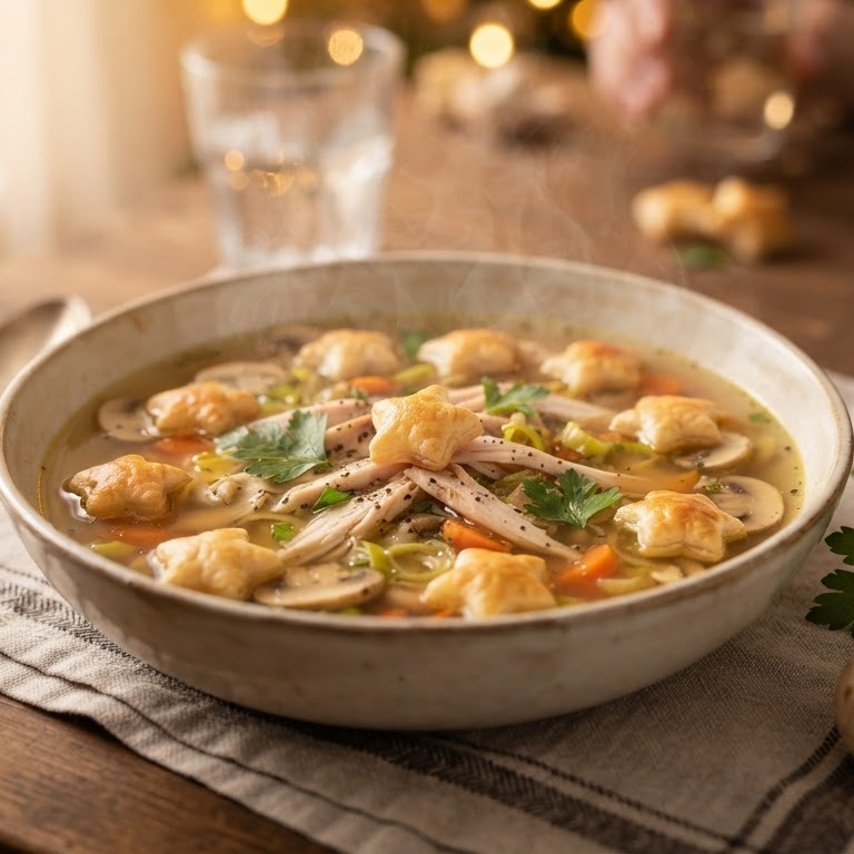 Heldere soep met gerookte kipfilet en bladerdeeg sterretjes recept