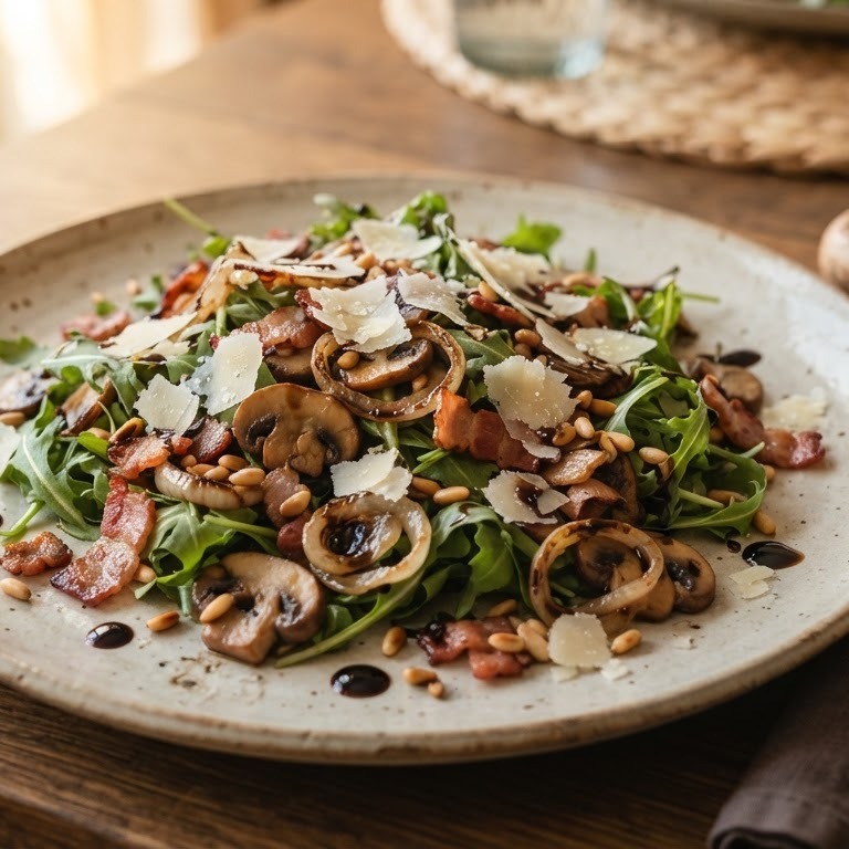 Herfstsalade met champignons, ui en gerookte spekreepjes recept