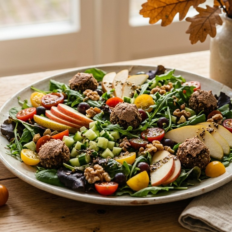 Herfstsalade met fruit en paté roggebrood balletjes recept