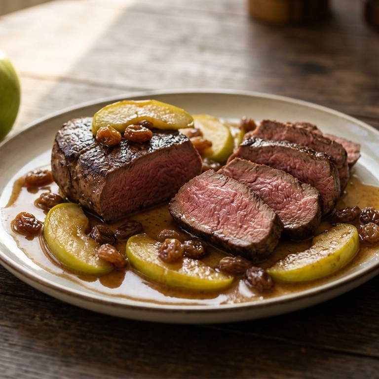 Hertenbiefstuk met appel en rozijnen recept