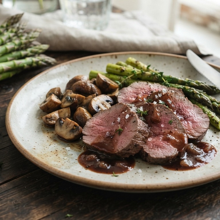 Hertenbiefstuk met kastanjechampignons en aspergepunten recept