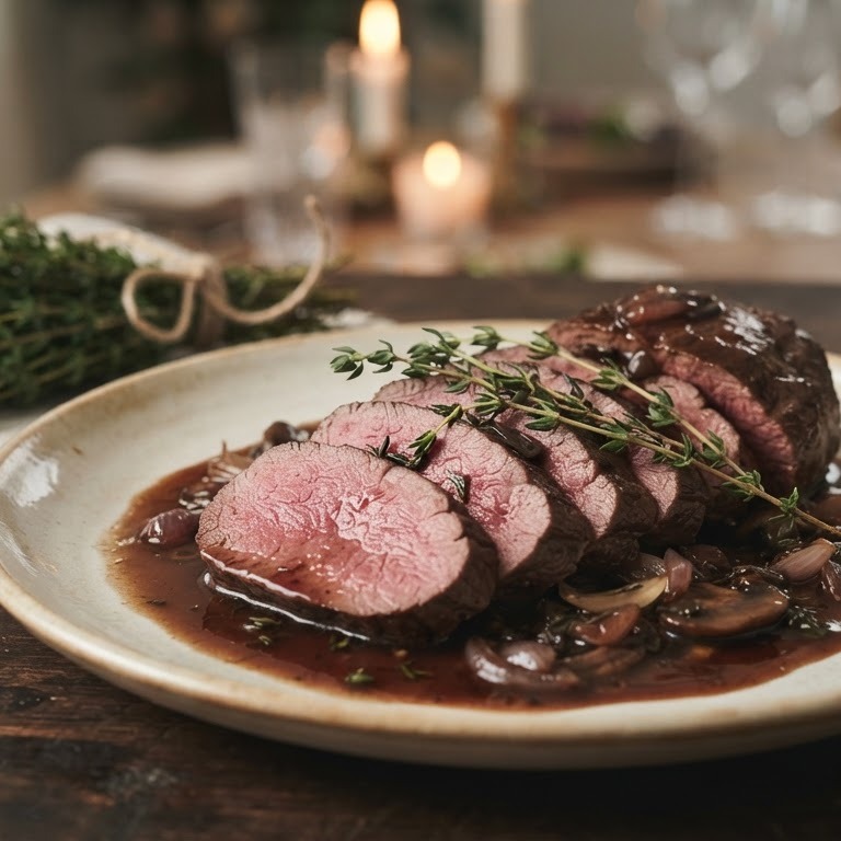 Hertenbiefstuk met rode port en tijm recept
