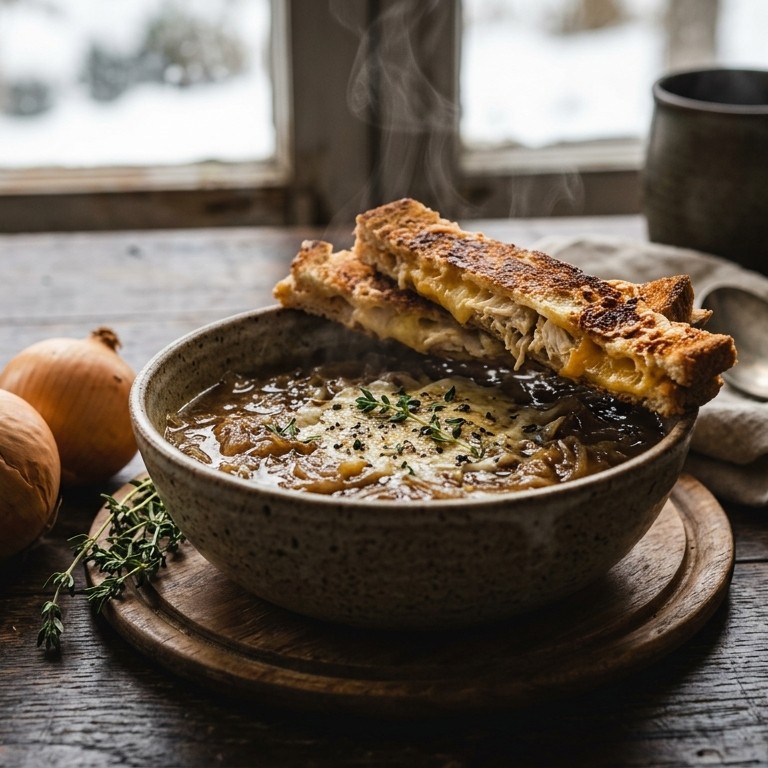 Hollandse uiensoep met tostirepen (met kipfilet) recept