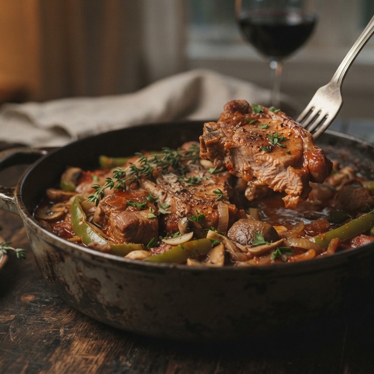 Hongaarse Goulash met schouderkarbonade, groene paprika , tomaten en tijm recept