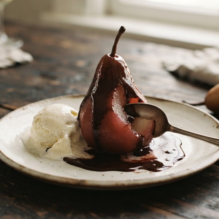 Honingpeer met chocoladesaus en ijs recept