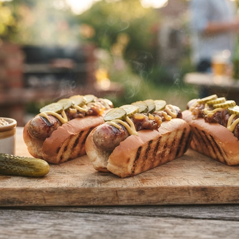 Hotdogs met mosterd op de barbecue recept