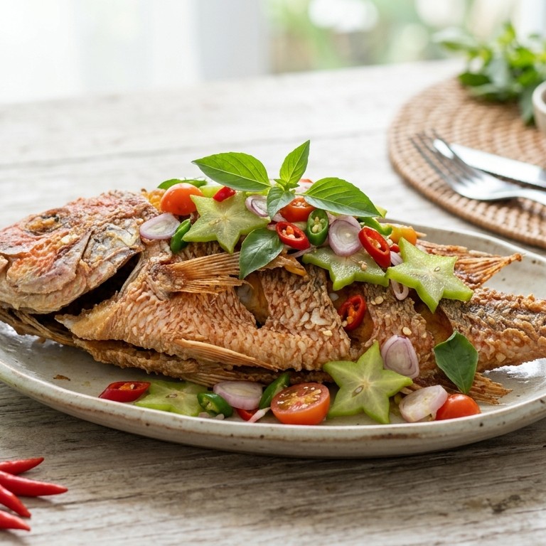 Ikan Kemangi (red snepper in salade van pittige stervruchten) recept