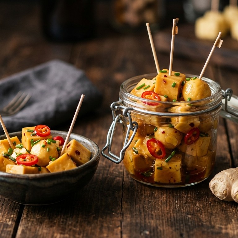 In appelsap en gember gemarineerde kaasblokjes recept