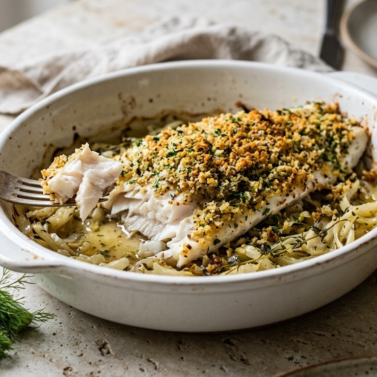 In de oven bereide zeebaars met broodkruim en mosterd recept