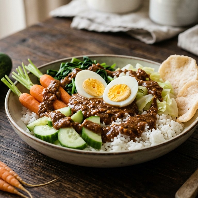 Indische groenteschotel met ei en pindasaus recept