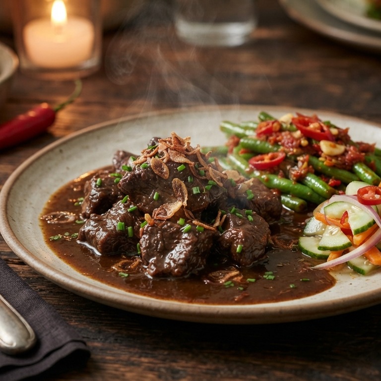 Indische hachee met sambalboontjes en hete komkommer recept