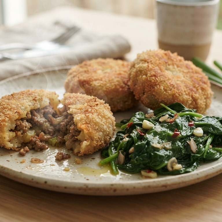 Indo aardappel/gehakt koekjes met spinazie recept