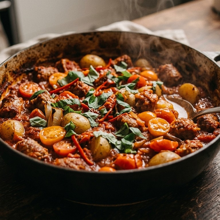 Jachtschotel  met kerstomaatjes, basilicum en worst recept