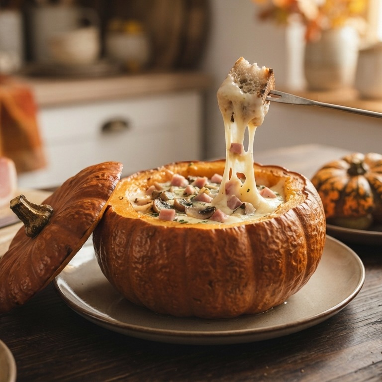 Kaasfondue uit de pompoen met ham recept
