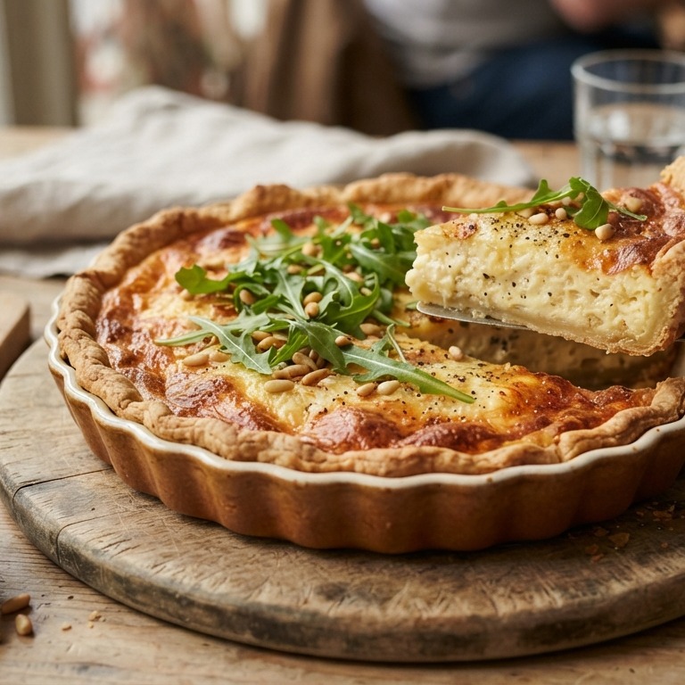 Kaasquiche van 4 kaassoorten met ruccola en pijnboompitten recept
