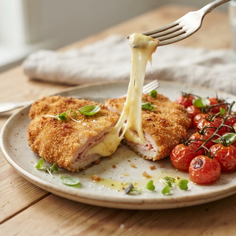 Kaasschnitzel met geroosterde tomaten recept