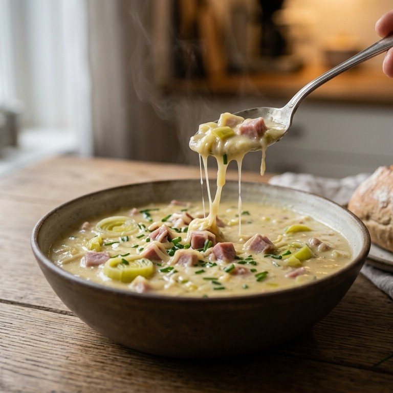 Kaassoep met ham & prei recept