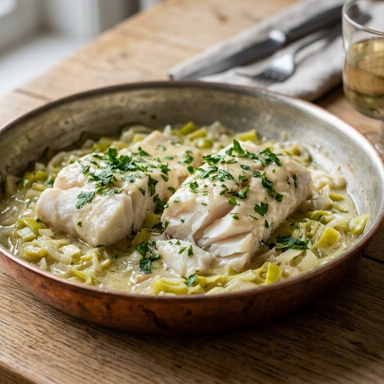 Kabeljauw gestoofd met prei en wijn recept