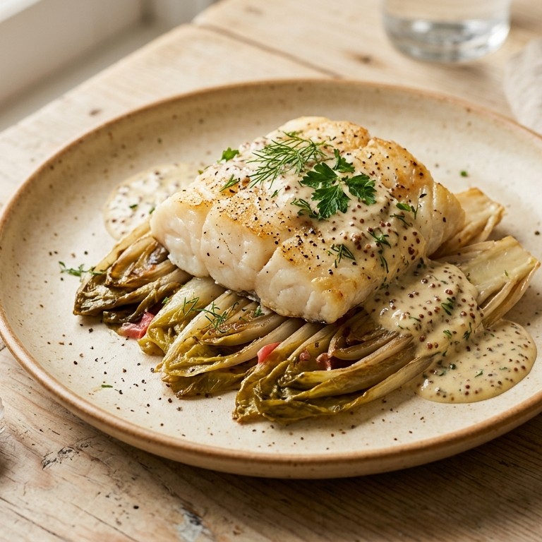 Kabeljauw met andijvie en mosterdsaus recept