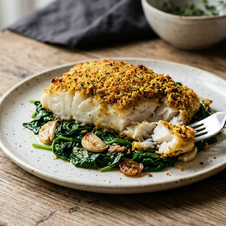 Kabeljauw met currykorstje en knoflookspinazie recept