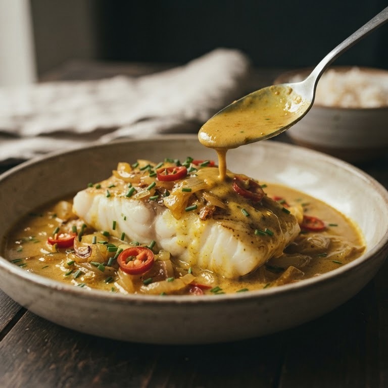 Kabeljauw met pittige kerrie saus recept