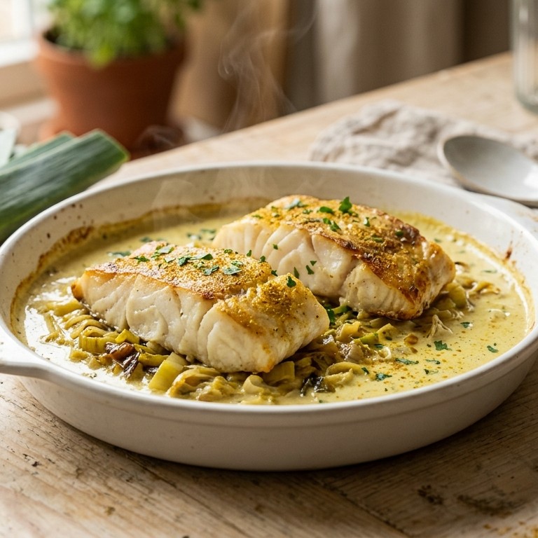 Kabeljauw met prei en kerrie recept