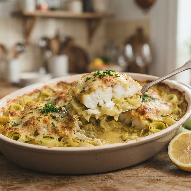 Kabeljauw met prei en kerrieroom uit de oven recept