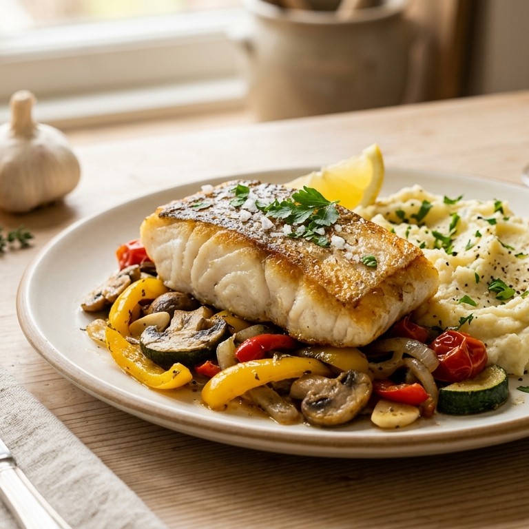 Kabeljauw met Provençaalse groenten en aardappelknoflook puree recept