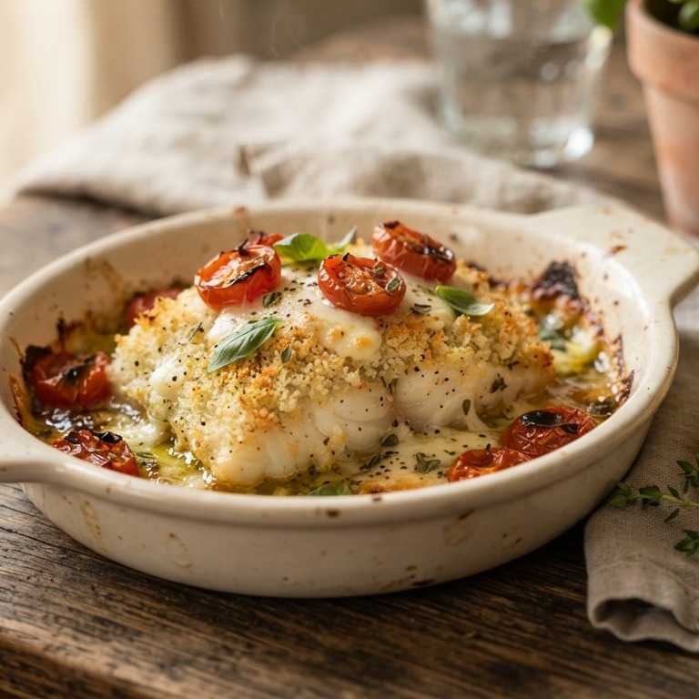 Kabeljauw uit de oven met tomaten en geraspte kaas recept